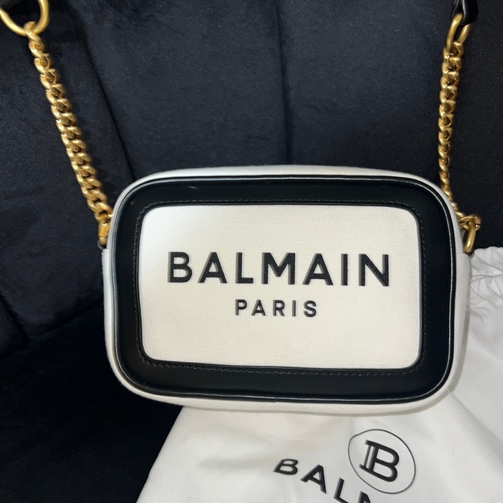 Authentic Balmain B-army Camera Canvas Crossbody  Bag Black/White